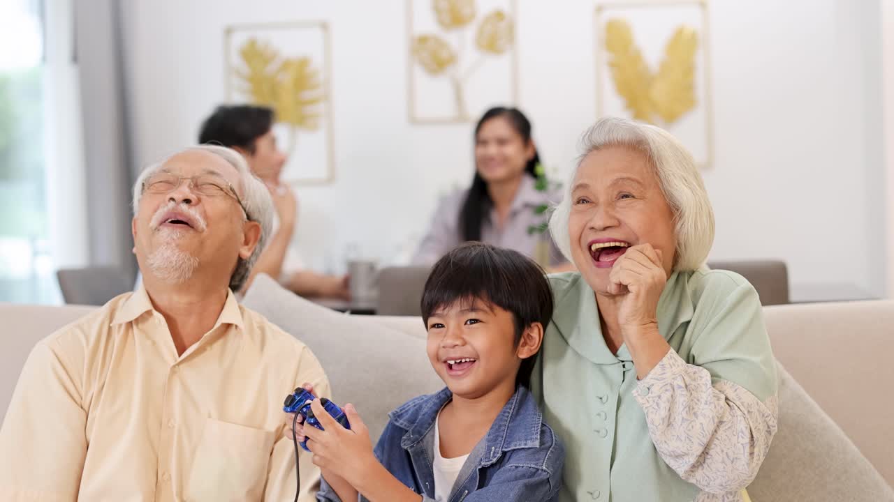 Elderly couple and child joyfully play video games in a bright, cozy living room, capturing intergenerational fun and connection