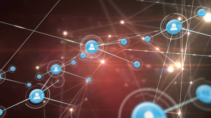 Animation of icons interconnected with lines and lens flare against black background