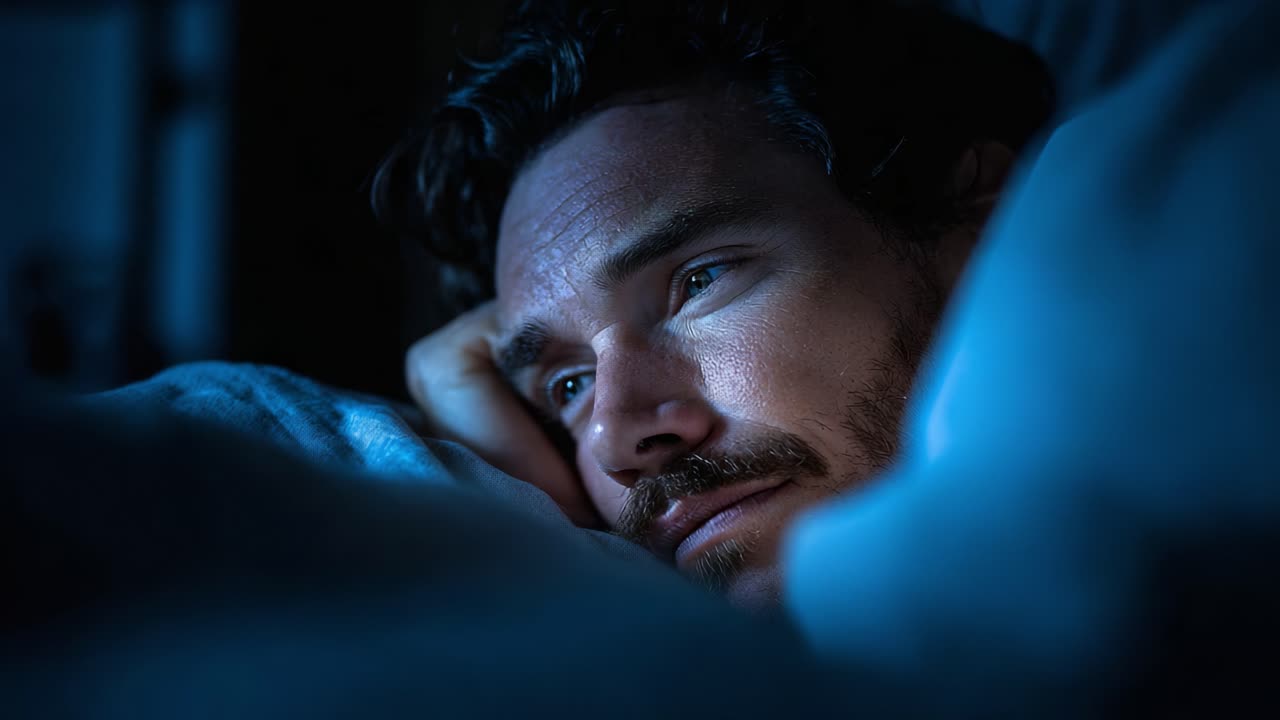 Un uomo sdraiato a letto, perso nei pensieri, illuminato da luce soffusa mentre fissa il soffitto, riflettendo sulle sue emozioni e sulla profondità delle sue contemplazioni durante la notte