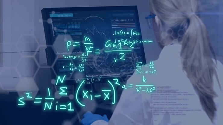Animation of scientific data processing over caucasian female scientist in laboratory