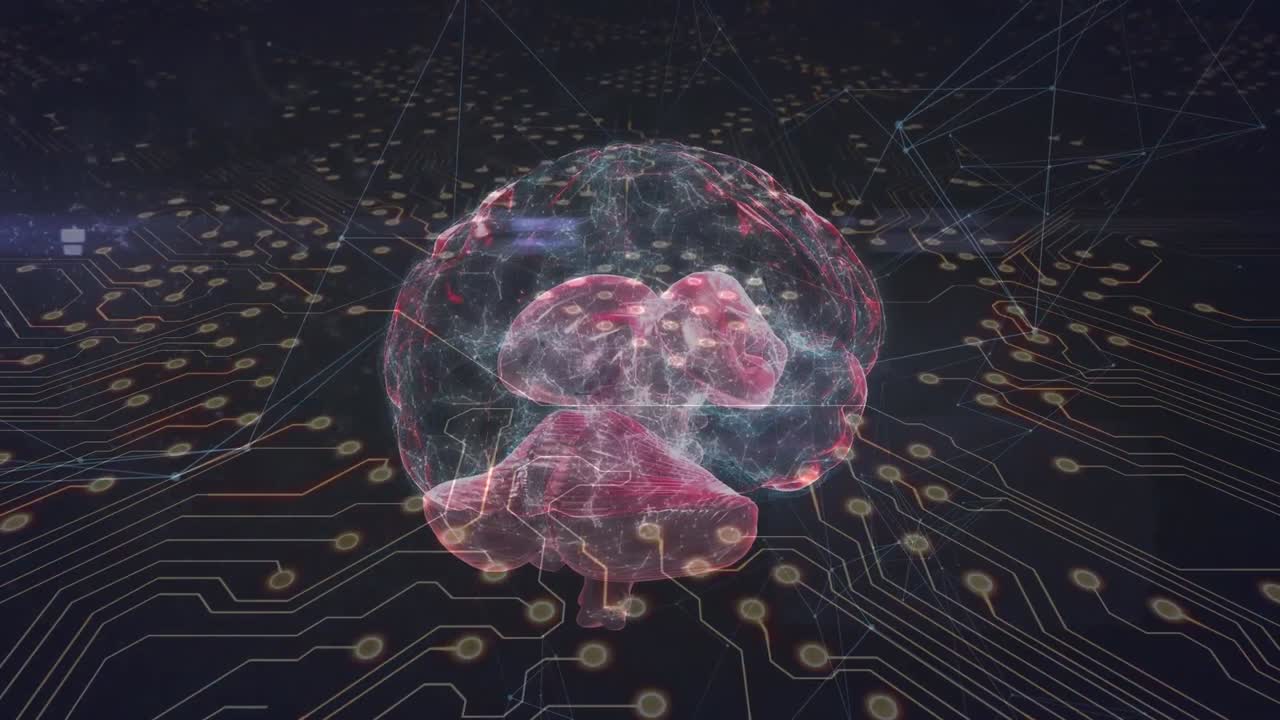 Animation of brain over integrated circuit on black background