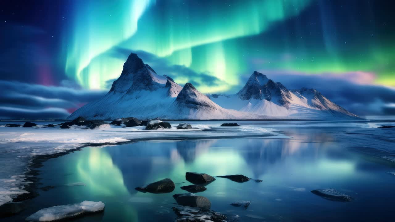 Stunning wide-angle video capture of the Northern Lights over snow-capped mountains