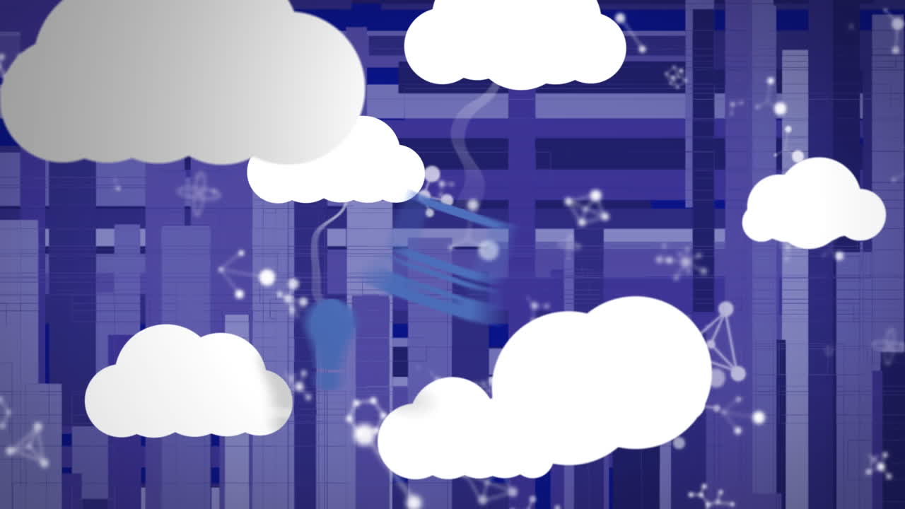 animación de nubes y moléculas que giran sobre rayas púrpuras