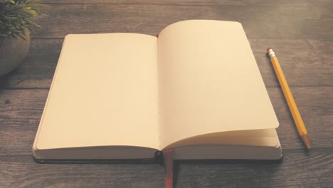 open notebook on wooden table with pencil and plant