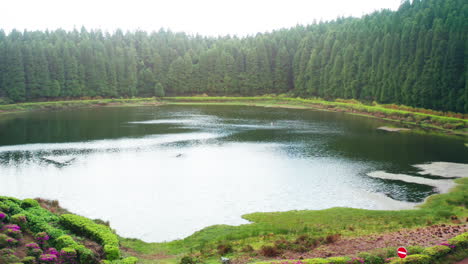 Cinematic-aerial-drone-shot-of-volcanic-lake-in-the-Azores-Islands---Portugal