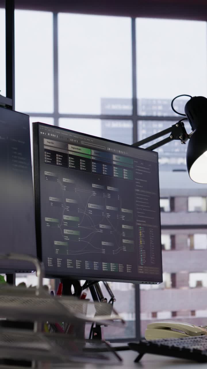 Vertical video Code testing and quality assurance done on computers in startup workplace
