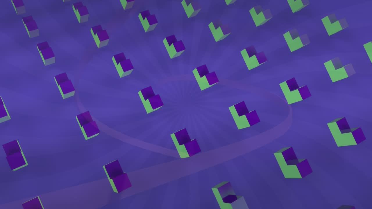 Formes abstraites en 3D violettes, rouges et vertes se déplaçant en formation sur un fond violet rotatif