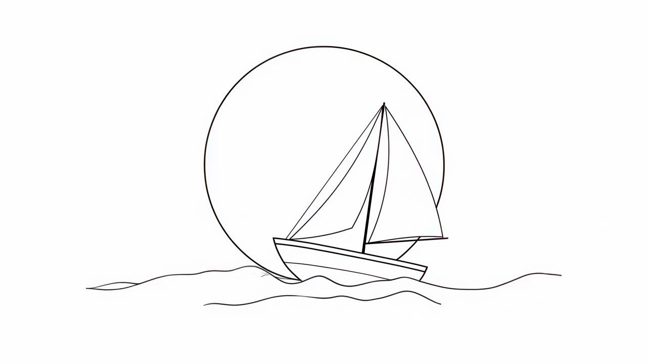Sailboat Sketch Against Rising Sun, Simple Line Drawing Of Solitary Sailboat Gliding Over Calm Waves,