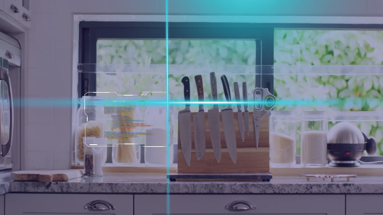도구와 가전제품이 있는 현대 주방 카운터 위의 데이터 코딩 애니메이션