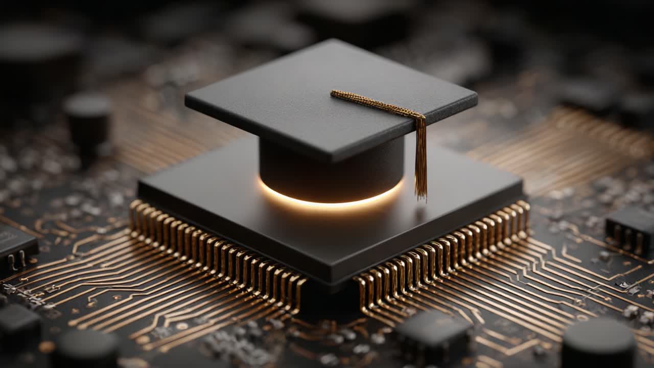 Exploring the Intersection of Technology and Education: A Graduate Cap Resting on a Microprocessor Symbolizing Academic Achievement and Innovation in the Digital Age