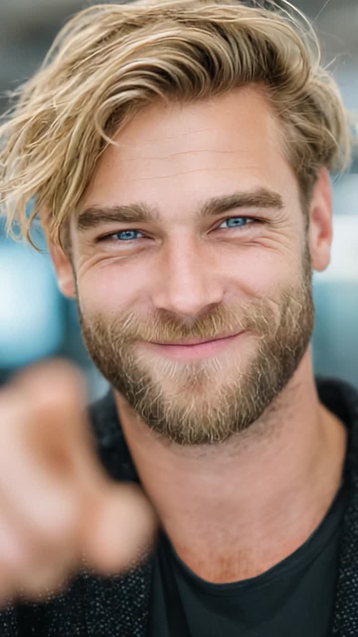 Un giovane sorridente con un gesto giocoso, che irradia positività e sicurezza, immortalato in due immagini che mettono in mostra un'espressione accattivante e una personalità affascinante