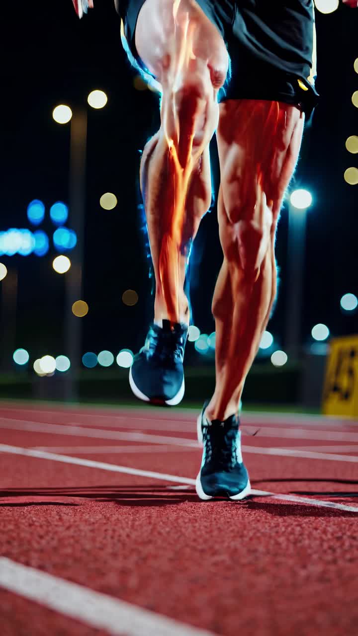 Dynamic low-angle video of a runner's muscular legs on a track at night, highlighting motion