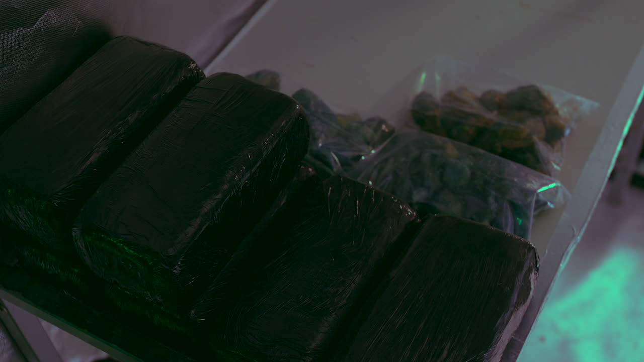 Sostanze a base di cannabis e resina impacchettate e avvolte in un impianto di produzione, pronte per la distribuzione illecita