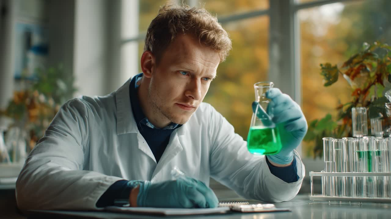 A focused scientist in a lab examines a flask containing vibrant green liquid, reflecting deep analysis and experimentation in a well-lit laboratory environment