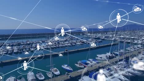 red de iconos digitales contra la vista aérea del puerto portuario