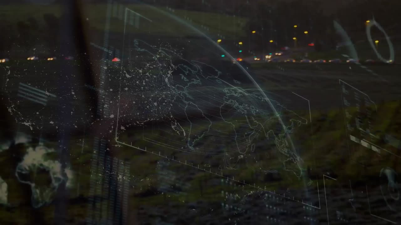 데이터 처리 및 전력 기둥과 함께 풍경 위의 지구의 애니메이션