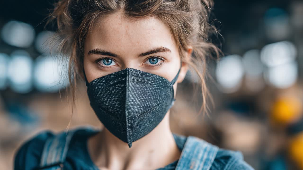 A Close-Up Portrait of a Young Woman Wearing a Black Mask, Demonstrating Both Style and Safety in an Urban Environment
