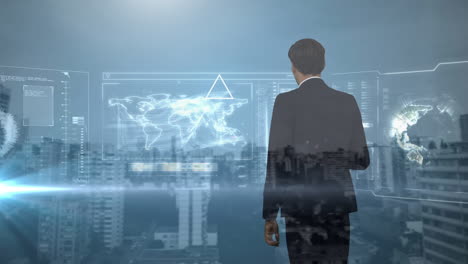 digital composition of businessman touching futuristic screen with data processing against cityscape