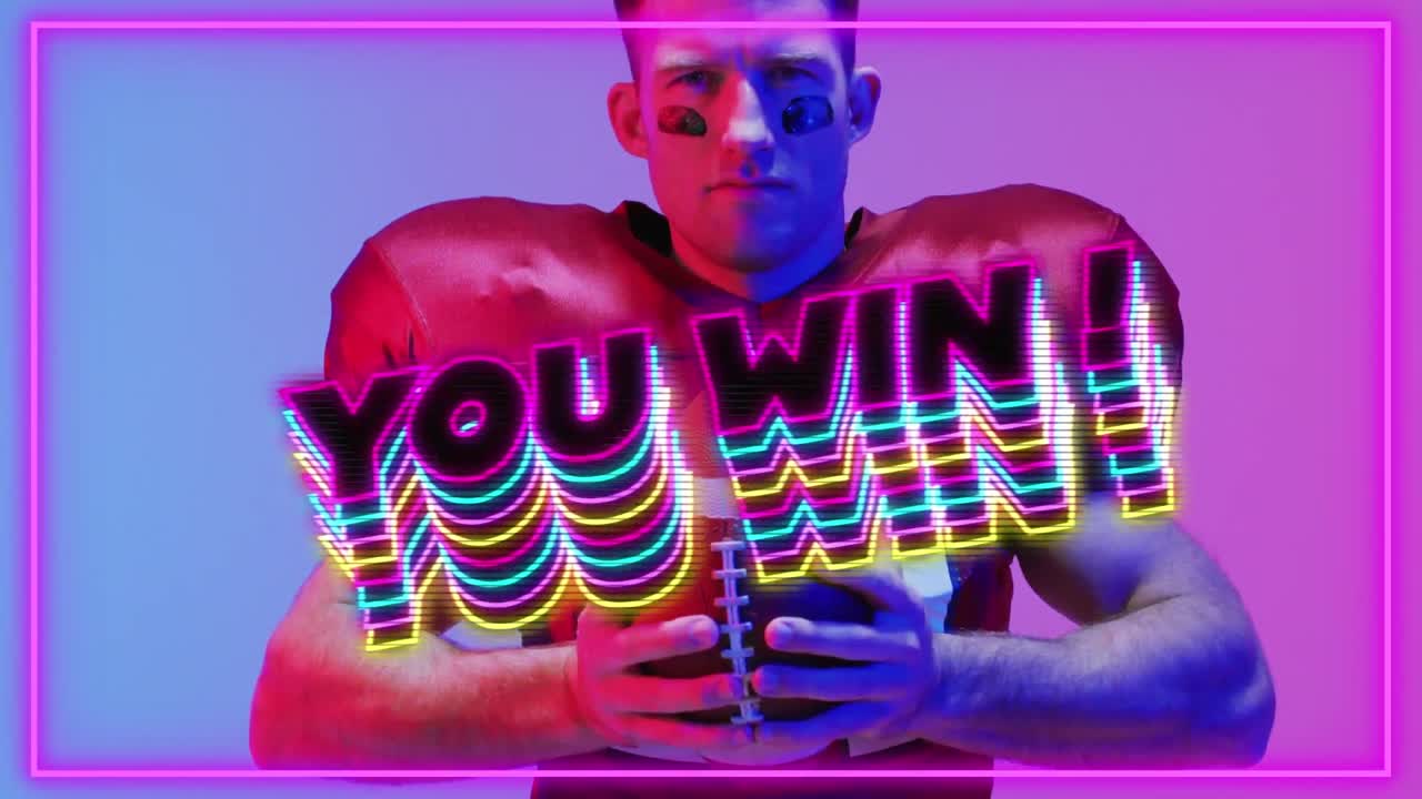 네온 배경에 아메리칸  ⁇ 볼 선수를 상대로 텍스트를 이기는 애니메이션