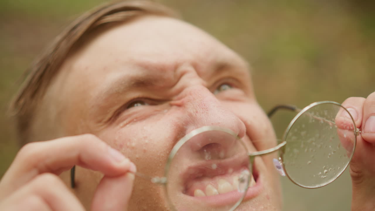 Boy adjusting watercovered eyeglasses outdoors, Youth gripping moist glasses in park with humorous expression, Teenager attempting to clean foggy glasses outdoors while making playful face