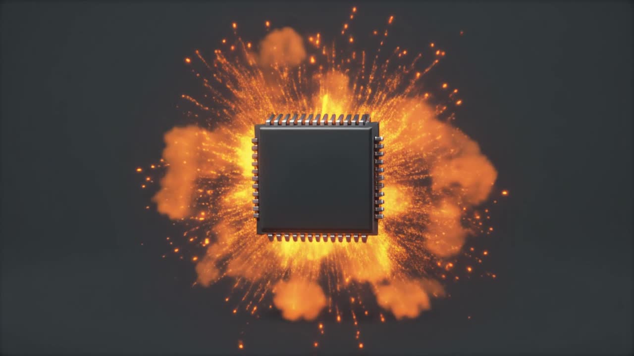 Mikrochip eksploderer med flammende energi og gnister