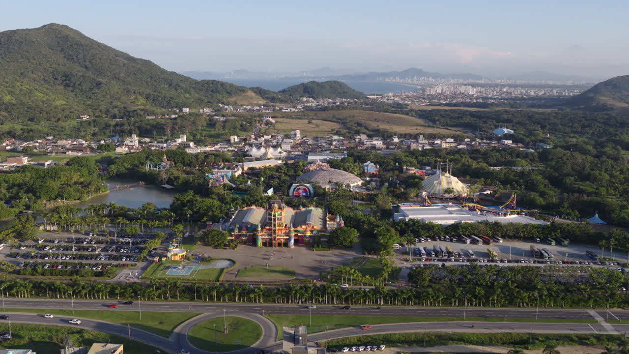 Panoramic aerial view of Beto Carrero World theme park in Penha, Brazil