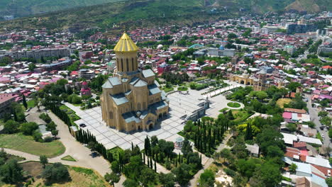 sameba cathedral over elia hill along mtkvari river in old tbilisi, georgia