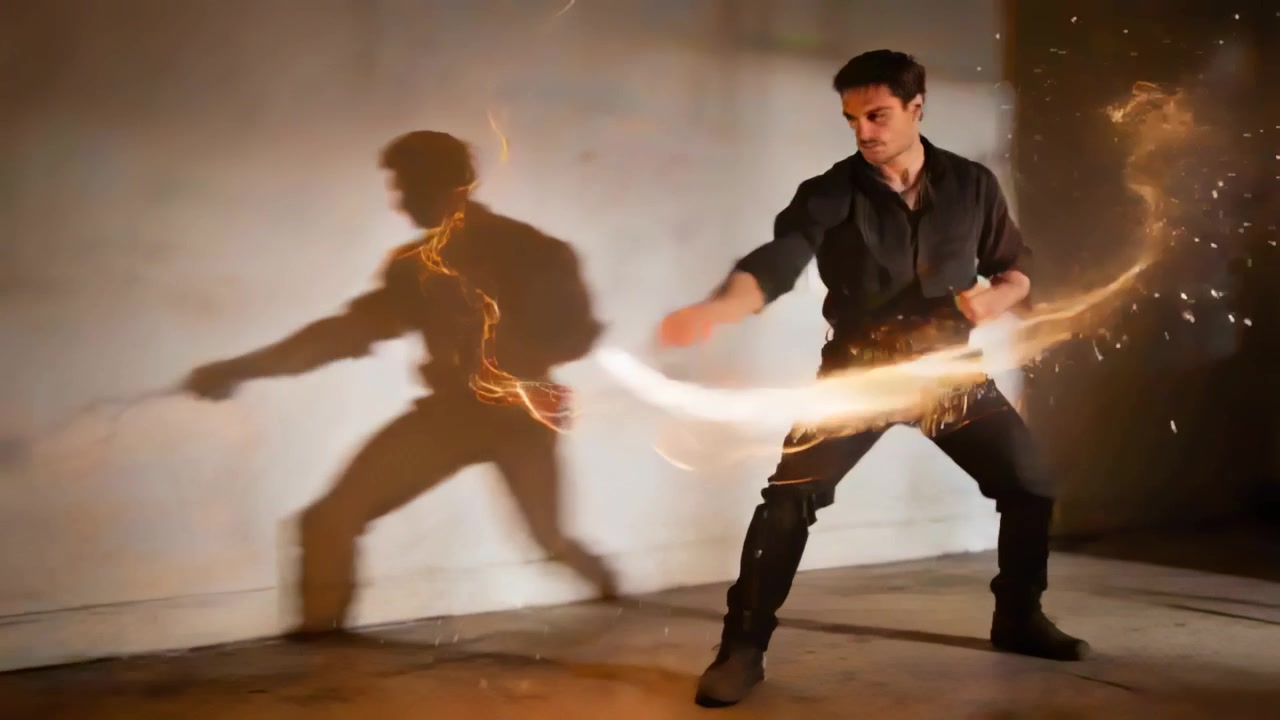 Extending arm, man in dark shirt practicing martial-arts swings in studio, glowing prop, copy space
