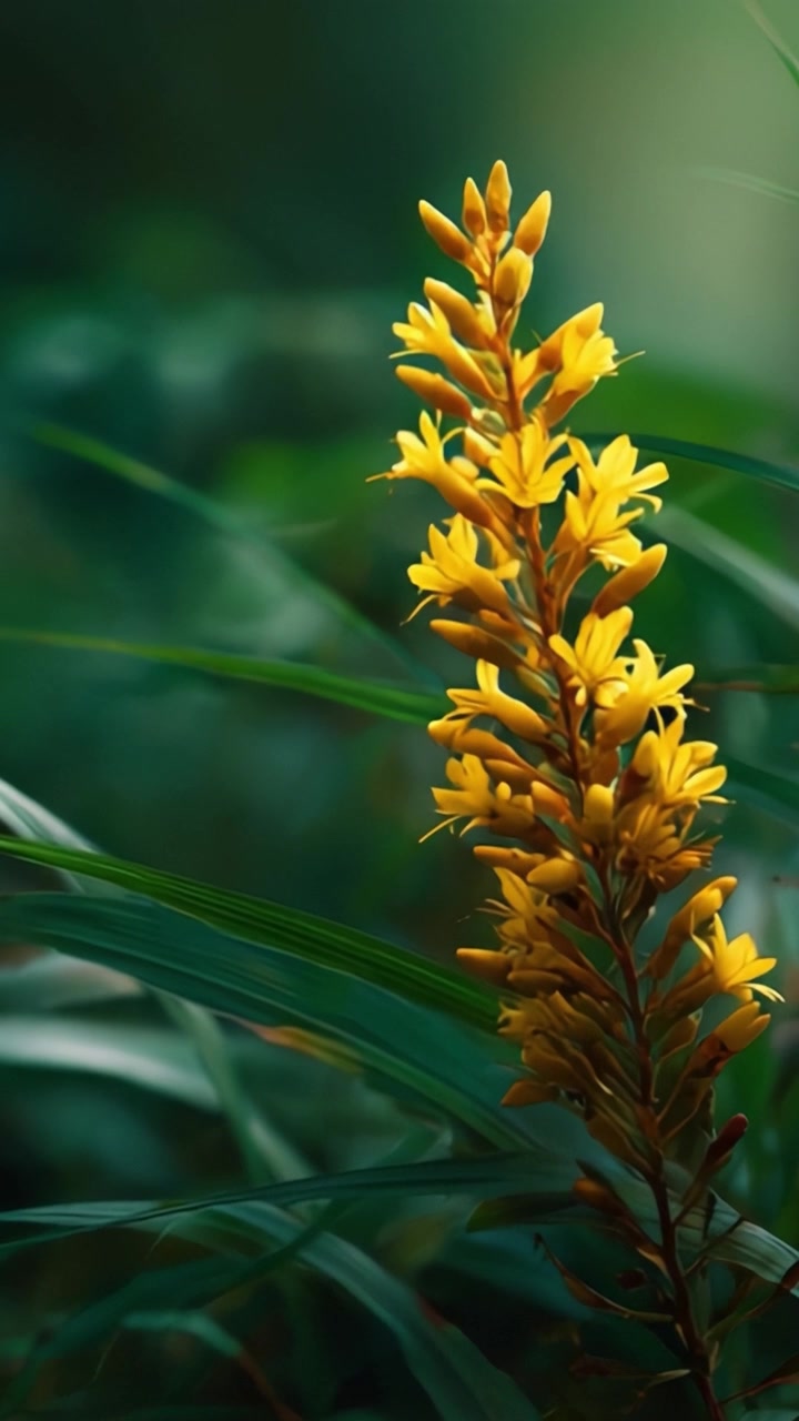 Uno spettacolo mozzafiato di orchidee gialle in fiore tra un lussureggiante fogliame verde, che cattura la bellezza della flora naturale in un ambiente sereno.