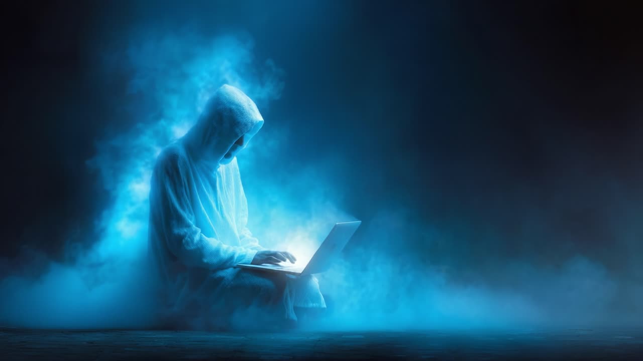En æterisk skikkelse indhyllet i tåge interagerer med glødende teknologi og forener det digitale univers med en mystisk tilstedeværelse, der viser skæringspunktet mellem menneskeheden og innovation.