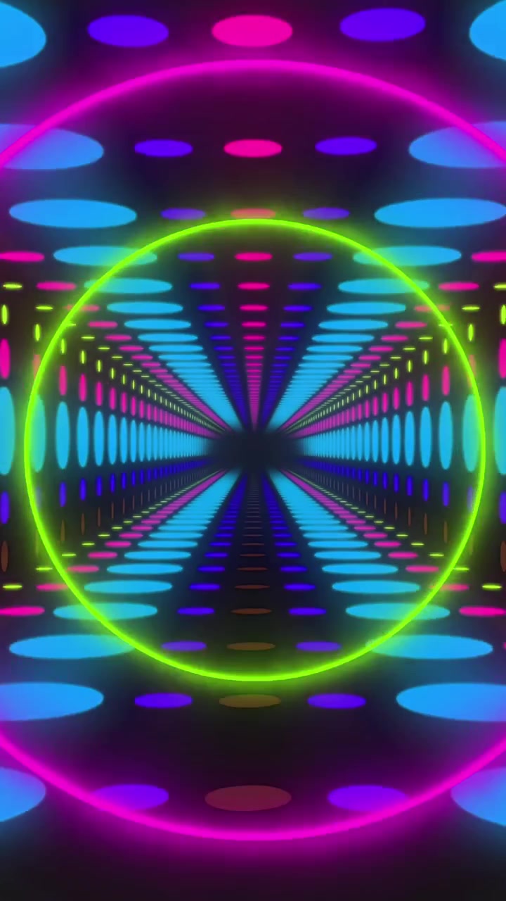 Animazione di cerchi neon colorati e tunnel digitale di punti su sfondo nero
