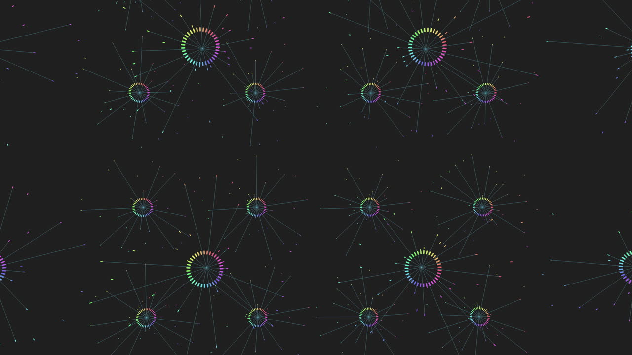 movimiento digital aleatorio de neón círculos coloridos con brillos en la galaxia oscura