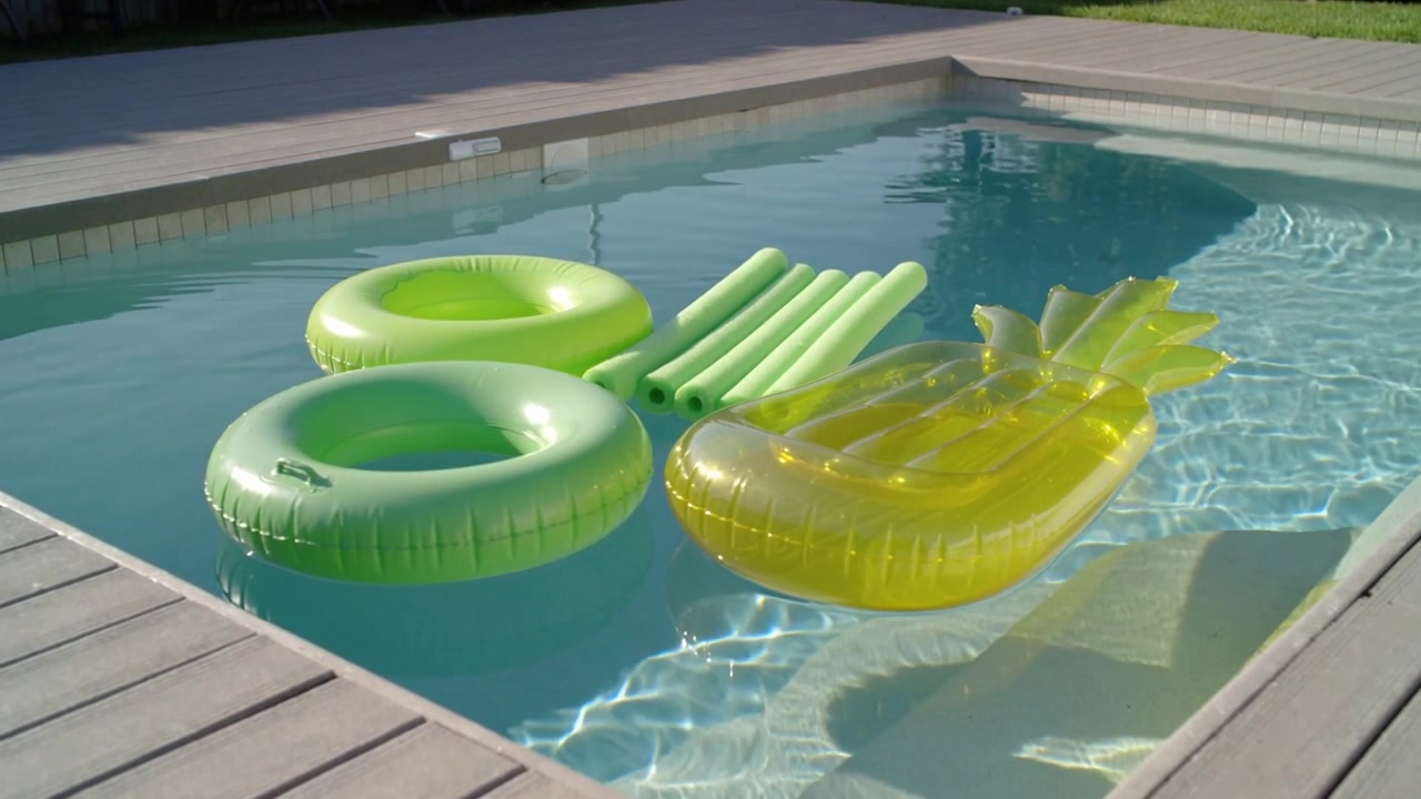 Creando increspature, la luce del sole spinge anelli di lime, noodles impilati e un galleggiante a forma di ananas in una piscina in giardino.