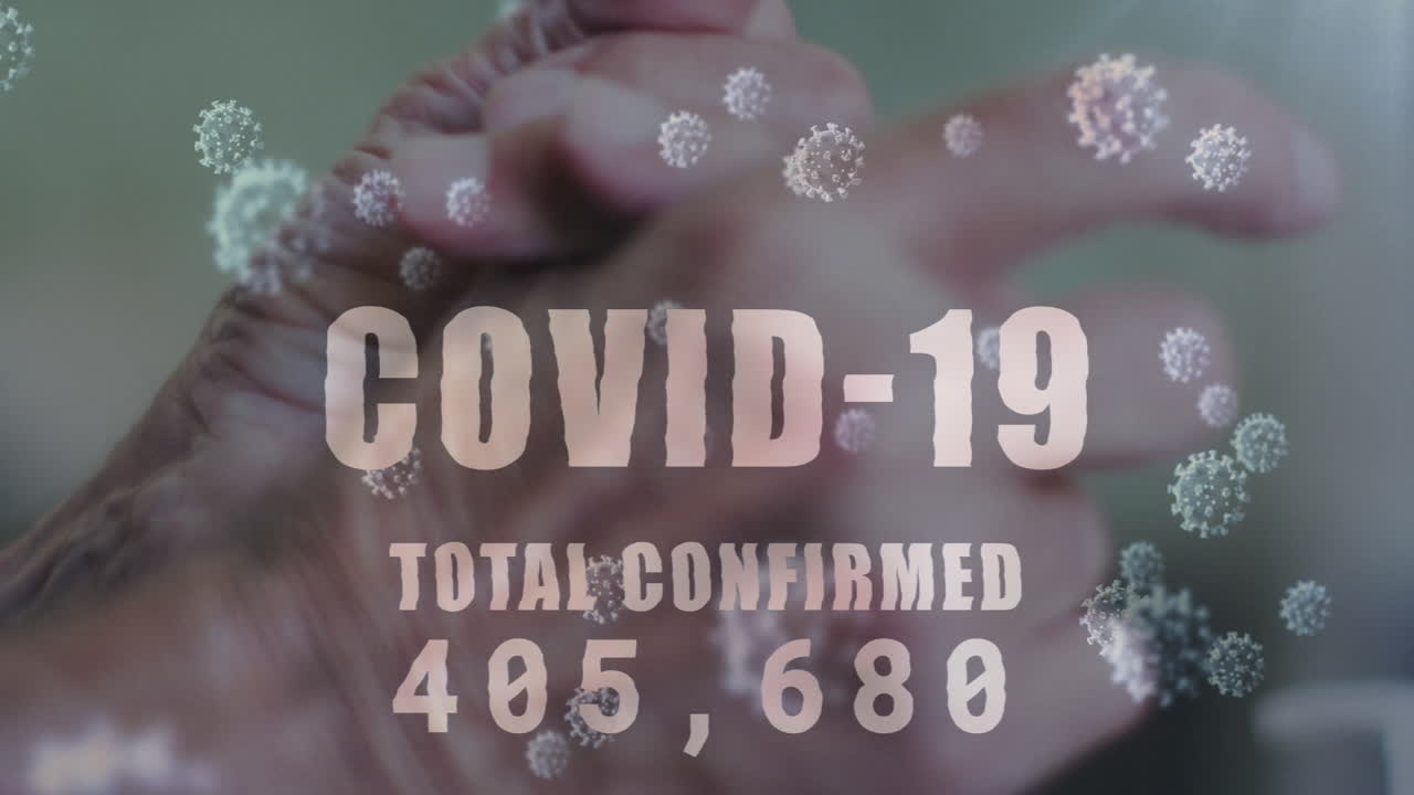 손을  ⁇ 는 남자 위의 코로나 19 텍스트의 애니메이션