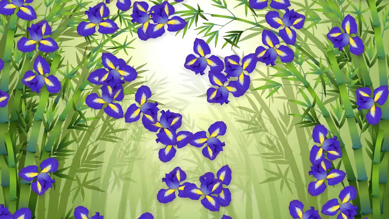 Animated Purple Iris Flowers Falling in a Bamboo Forest