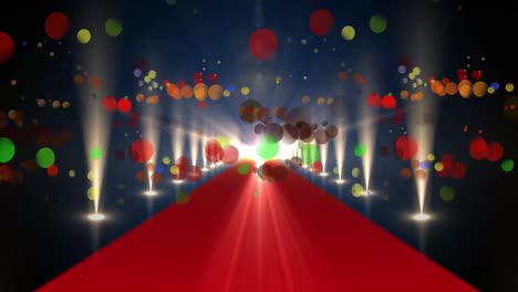 Animation-of-multicoloured-dots-falling-over-red-carpet-and-lights