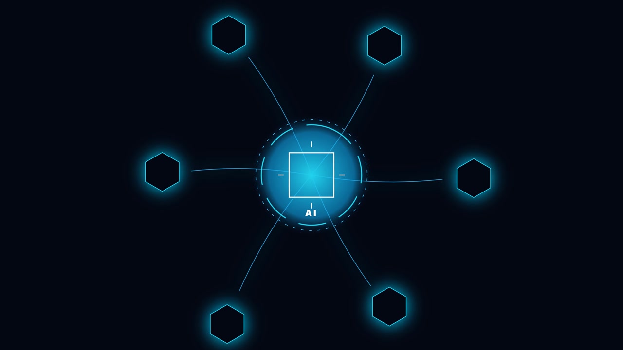 Digital Artificial Intelligence Interface with Glowing Hexagonal Nodes