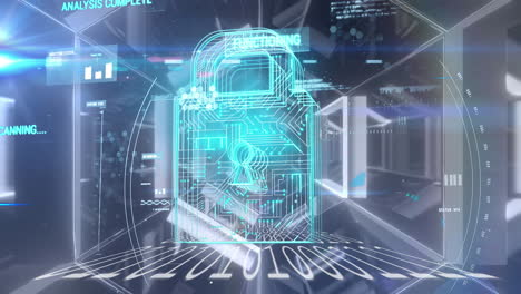 security padlock icon and data processing against glowing tunnel