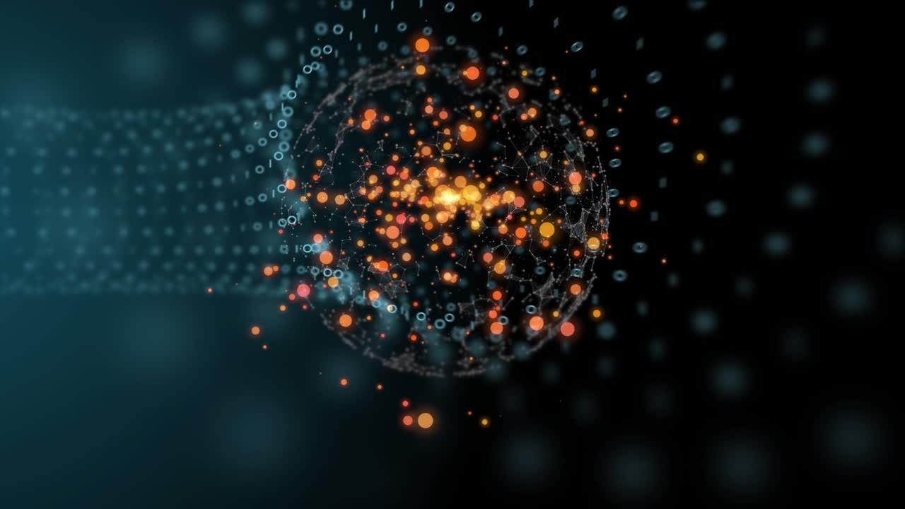 The abstract high-tech digital tunnel with rows of numbers and red polygonal sphere on the forefront flickering and moving on big speed.