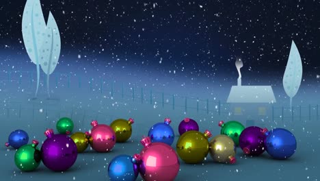 Animation-Von-Schnee,-Der-Nachts-über-Haus-Und-Bäume-Fällt,-Mit-Bunten-Weihnachtskugeln