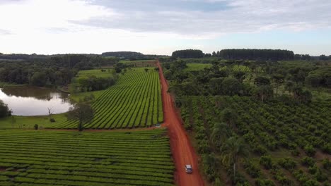 aerial drone video of a vehicle passing through agricultural land and a small pond in view