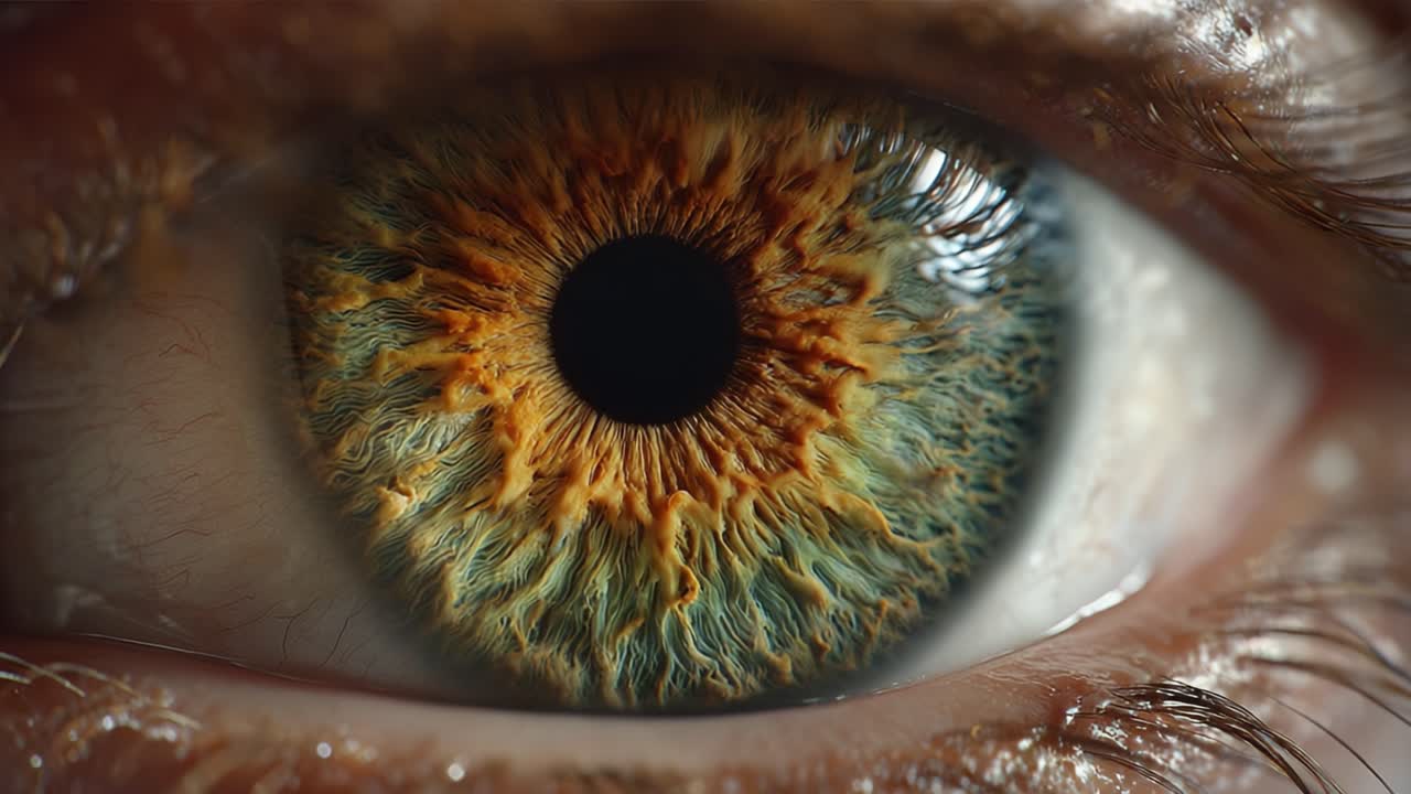 Primo piano di un occhio riccamente dettagliato con motivi accattivanti e colori vivaci che evidenziano l'iride e la pupilla.