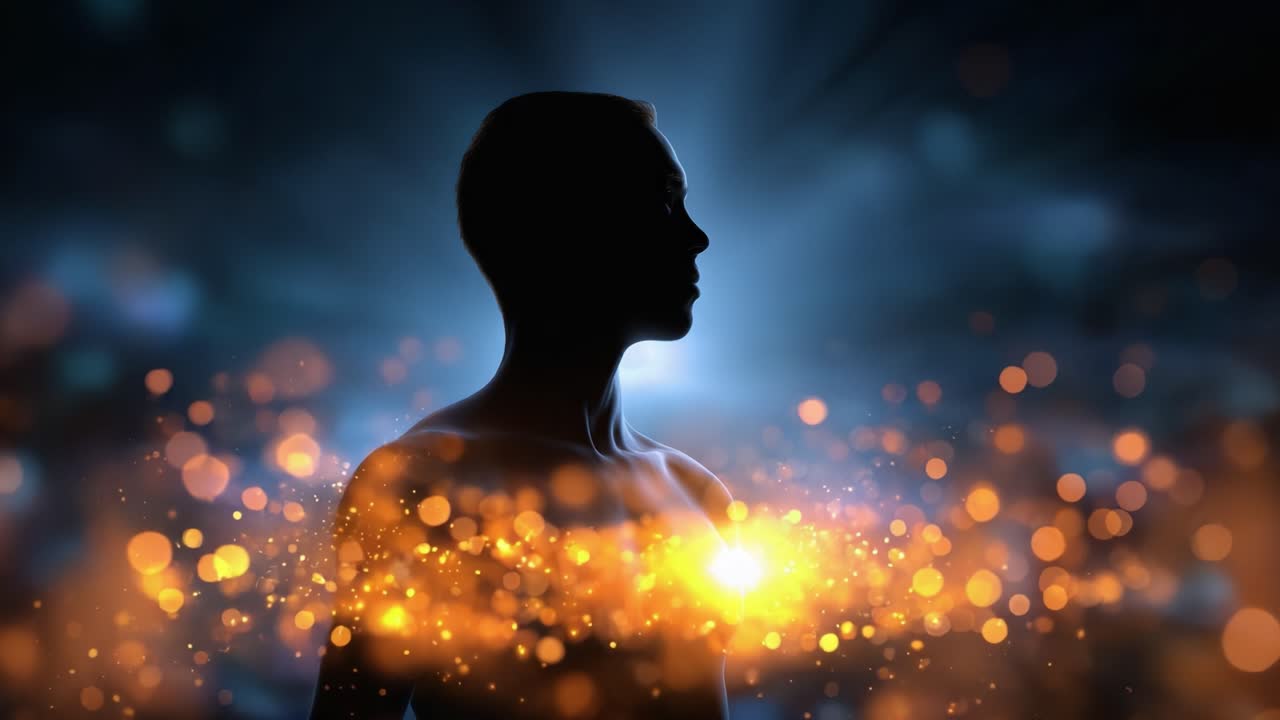A Silhouette Against a Cosmic Background of Soft Glows and Twinkling Particles, Showcasing the Artistic Fusion of Light and Human Form in Ethereal Imagery