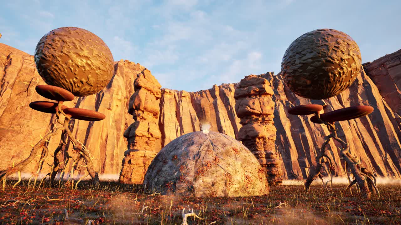 외계 식물과 공중에서 회전하는 유기 구와 함께 건조한 외계 행성, 3d 애니메이션, 천천히 카메라, 해가 지는 시간