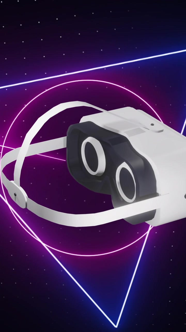 Animation of vr headset over glowing neon shapes moving on black background