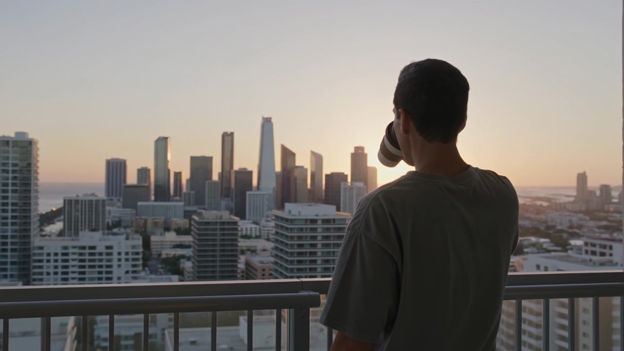 Homem segurando uma xícara enquanto observa o horizonte da cidade de uma varanda durante o pôr do sol