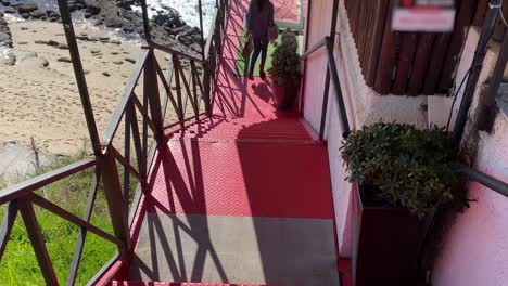 una mujer desciende una gran escalera, sus pasos guiados por una alfombra roja.