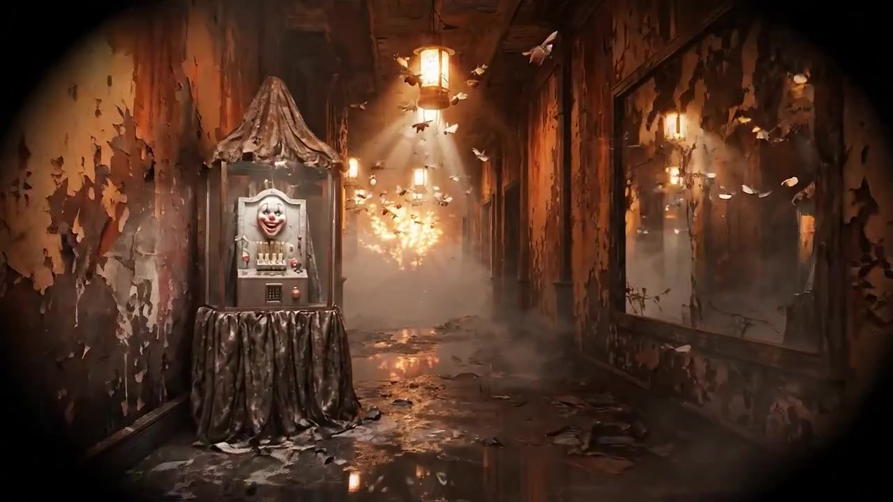 Haunting Clown Among Misty Shadows in an Abandoned Hall with Lanterns and Fluttering Butterflies Evoking a Eerie Yet Enigmatic Atmosphere in an Old Building