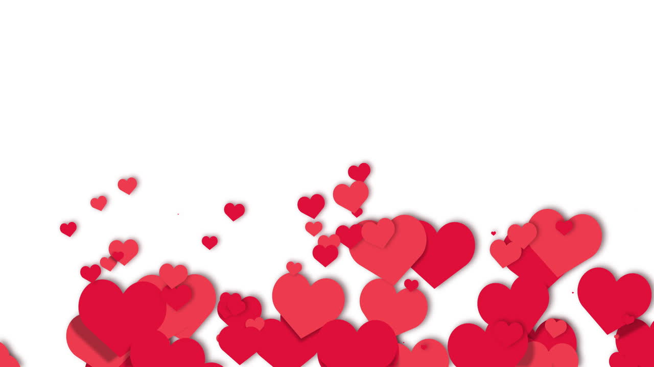 Romantic white animated background with flying red hearts symbols of love. Happy valentines day and weeding design elements.