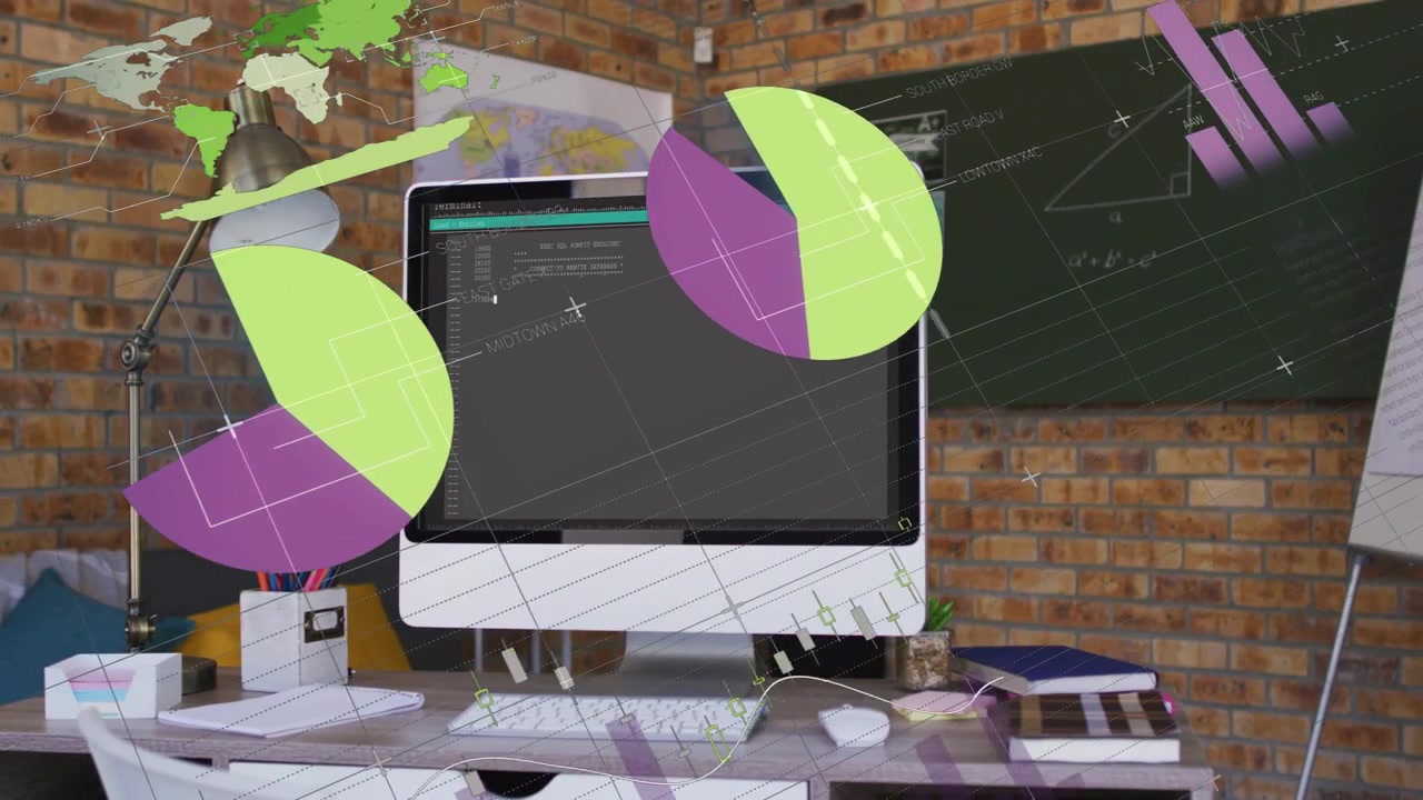 On data update, white desktop with green gauges and violet bars sliding, rotating visualizing data